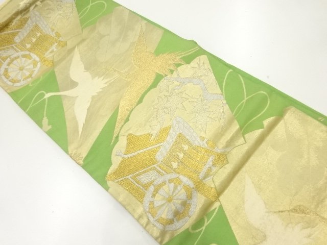 JAPANESE KIMONO / ANTIQUE FUKURO OBI / SILK / WOVEN CARRIAGE & CRANE